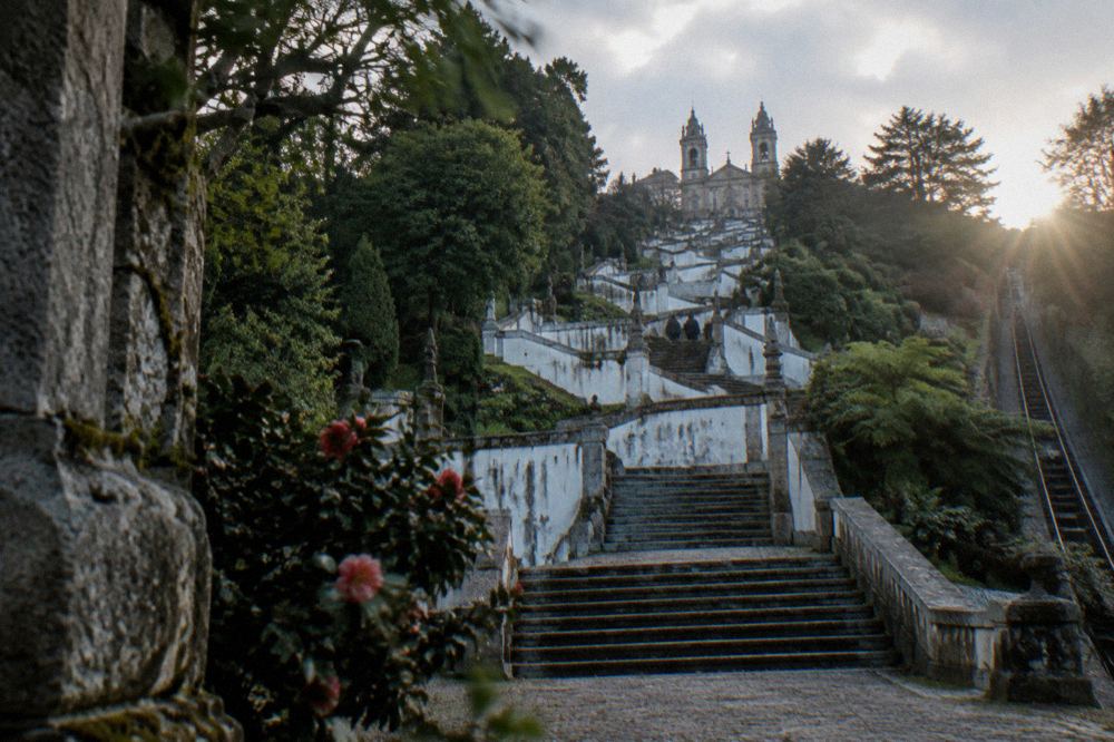 The zigzag monumental stairway of Bom Jesus do Monte seen from the base of the hill