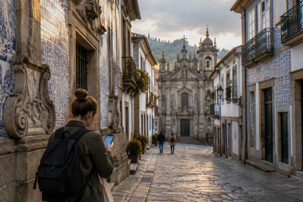 A visitor with a phone reading a clue beside a baroque facade in Braga old town