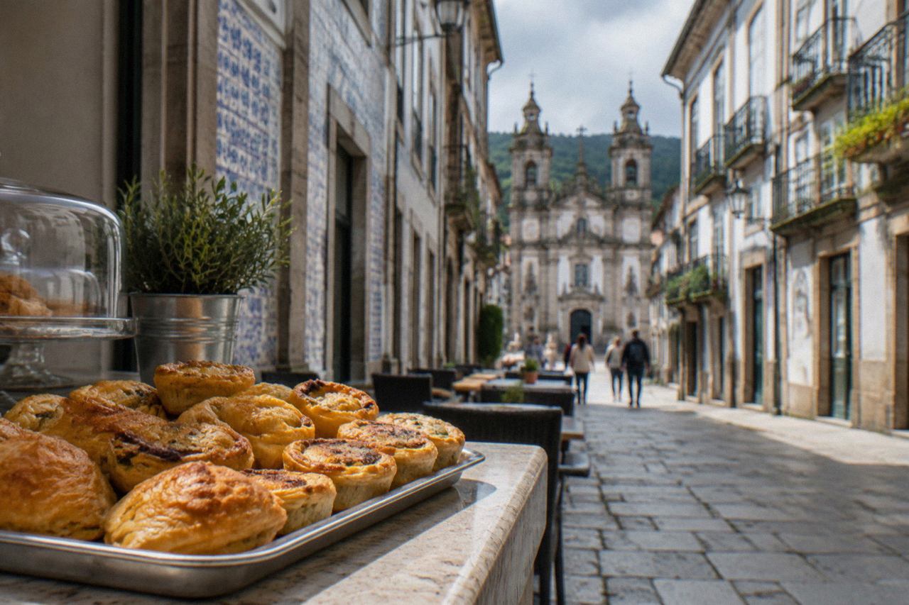A tray of small golden savoury pastries on a café counter in a Portuguese historic centre