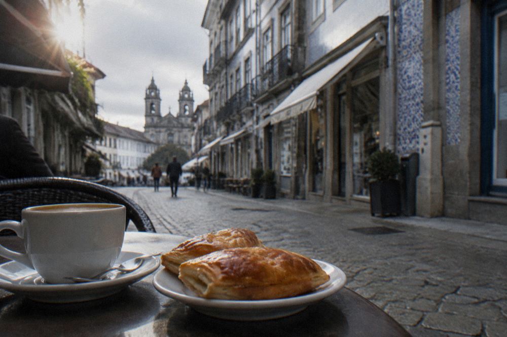 Close view of flaky pastry parcels with a golden crust on a small plate beside a coffee cup