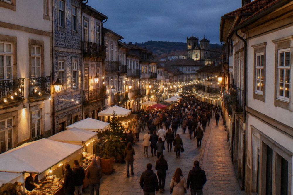 Festive string lights over a crowded historic city street at dusk with food stalls