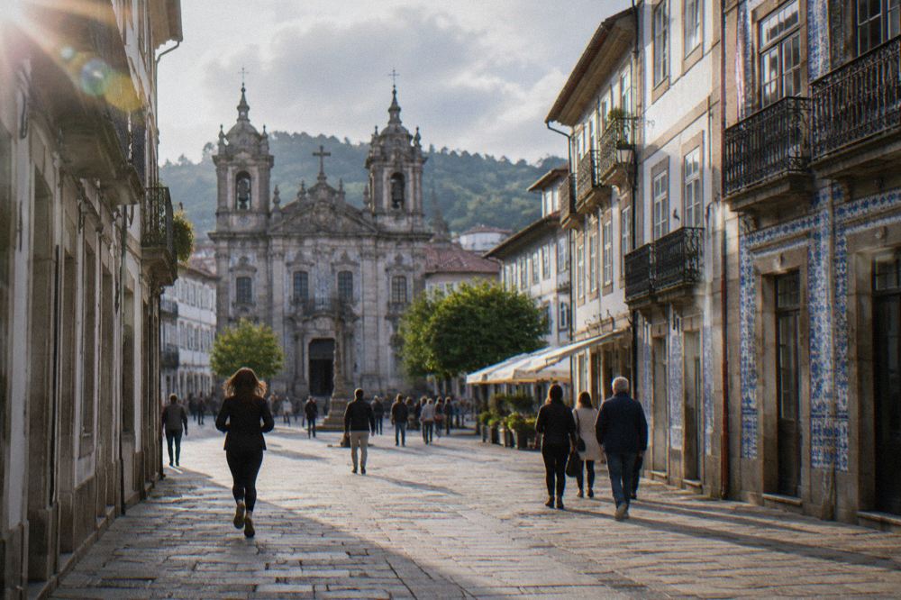 Pedestrians crossing a cobbled square in Braga's historic centre on a sunny morning
