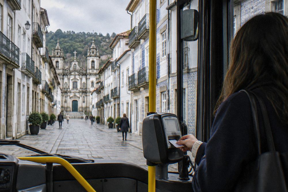 A passenger validating a paper ticket at the front of a Braga city bus