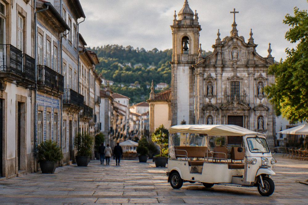 An open-sided tuk tuk vehicle waiting on a sunny square beside a baroque church facade