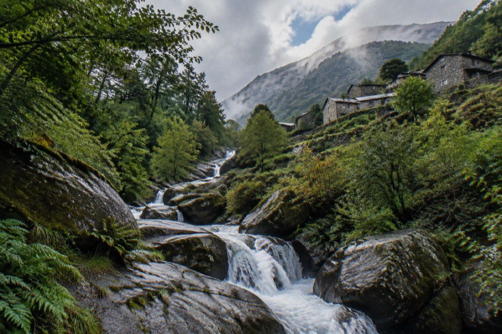 A mountain stream dropping over granite rocks in a green forested gorge