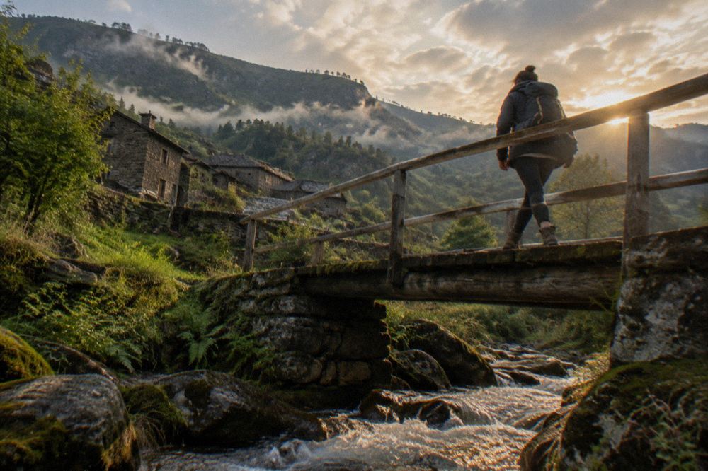 A walker in hiking boots crossing a wooden footbridge over a mountain stream