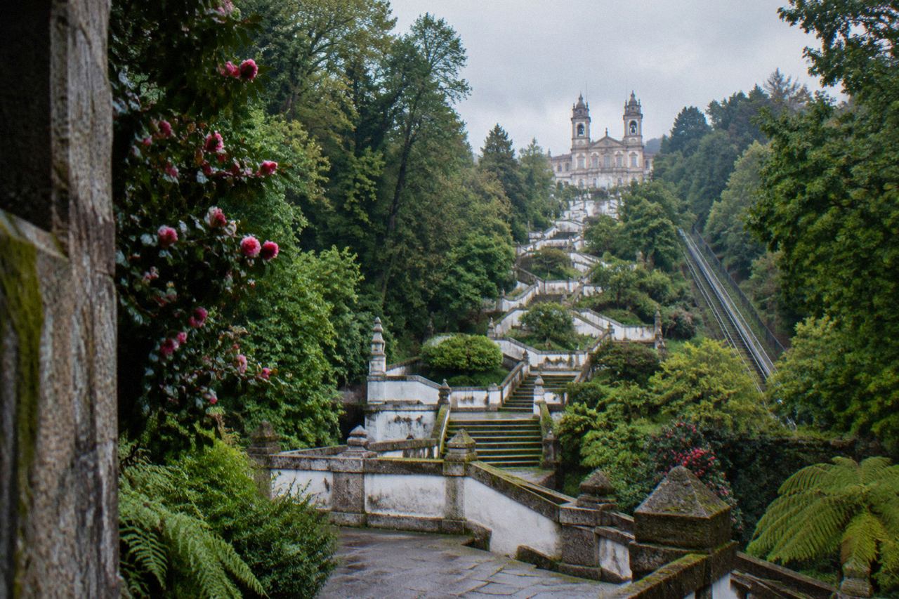 View over the terraced stairway and gardens of the Bom Jesus do Monte sanctuary on a hill above Braga