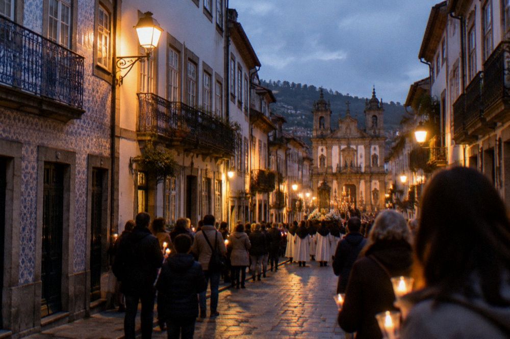 Crowd watching an evening procession with candles in a decorated street in Braga