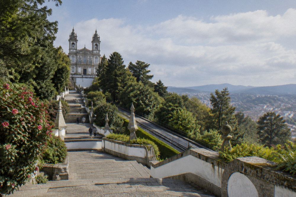 The terrace and basilica of Bom Jesus do Monte overlooking the city of Braga below