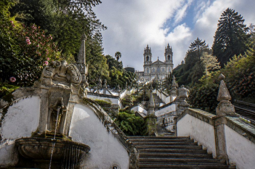 Morning light on the fountains and stone balustrades of the Bom Jesus sanctuary gardens