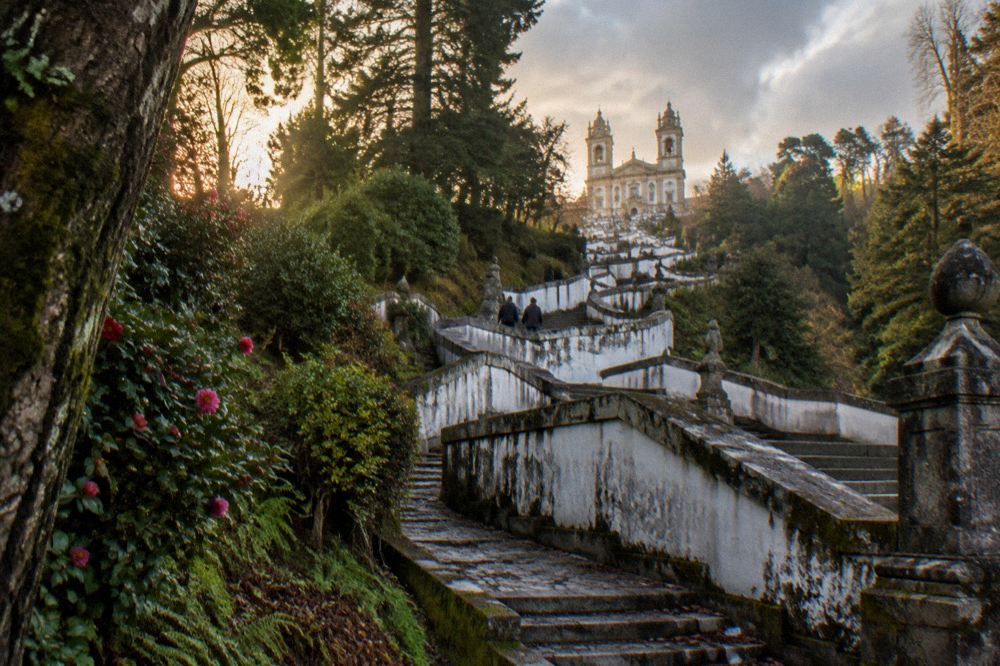 The Bom Jesus do Monte sanctuary seen from a wooded path on the hillside above Braga