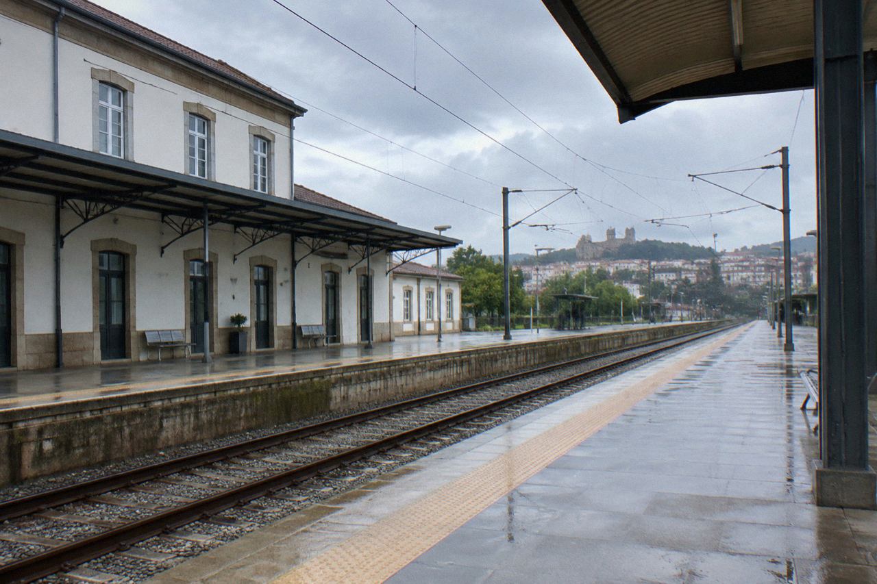 A regional train waiting at a station platform in northern Portugal on a bright morning