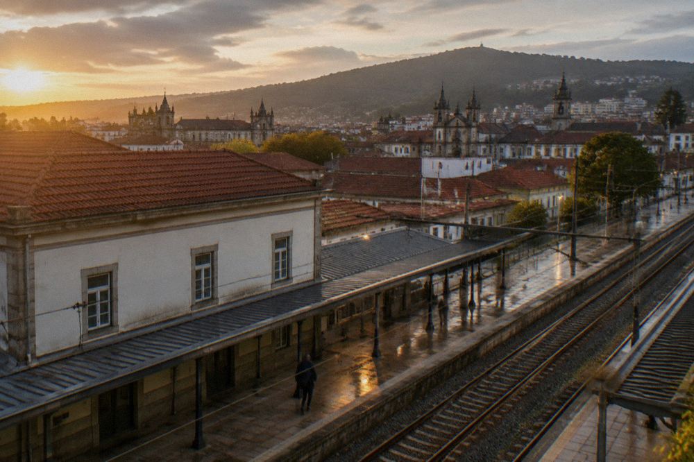 A view over rooftops and church towers of a historic Portuguese city with green hills behind