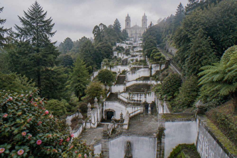 The baroque zigzag stairway of Bom Jesus do Monte rising through gardens