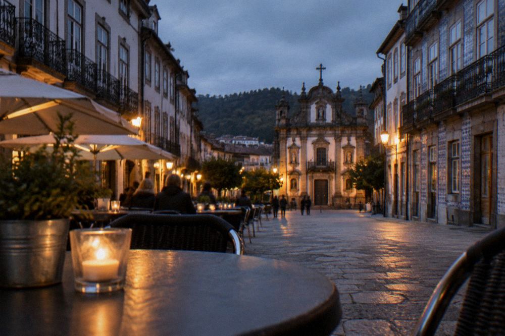 An evening café terrace on a lit square in central Braga