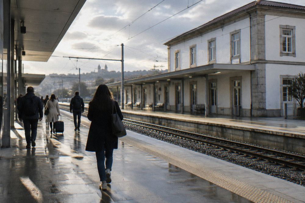 Travellers walking through a modern railway station concourse with departure boards