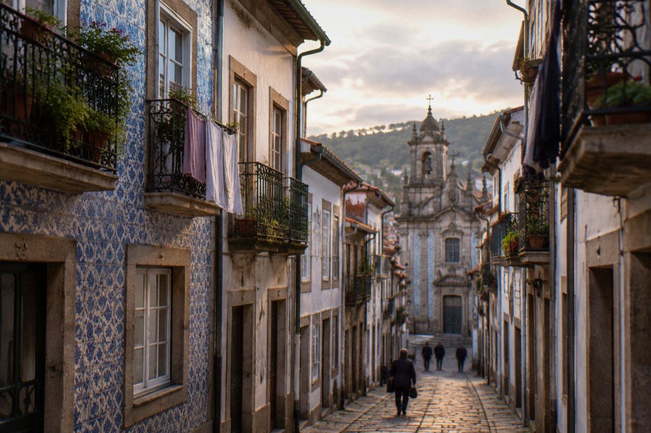A residential street in Braga with tiled building facades and laundry on balconies