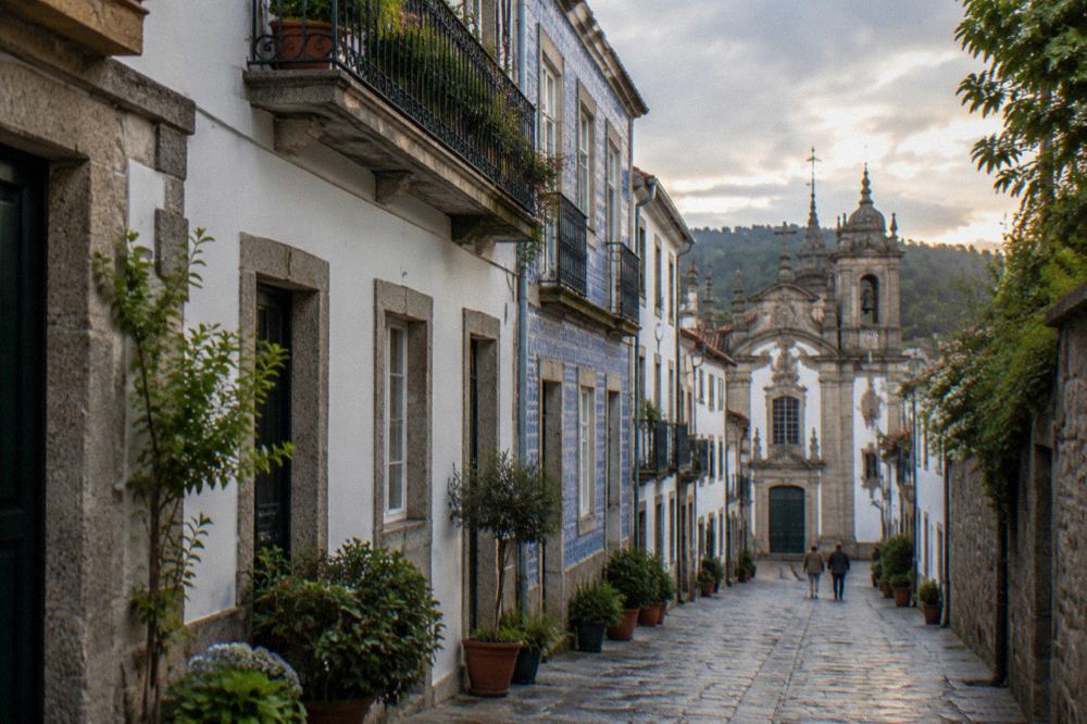 A quiet residential lane in Braga with granite walls and potted plants