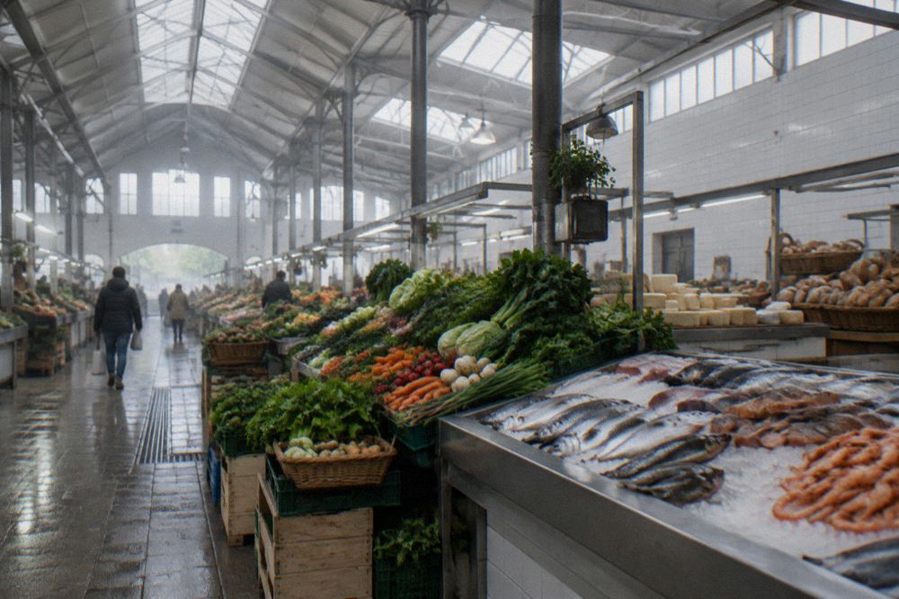 A covered municipal market stall with fresh vegetables and fish on ice