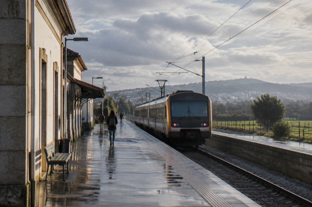 A regional train waiting at a small station platform beside green fields