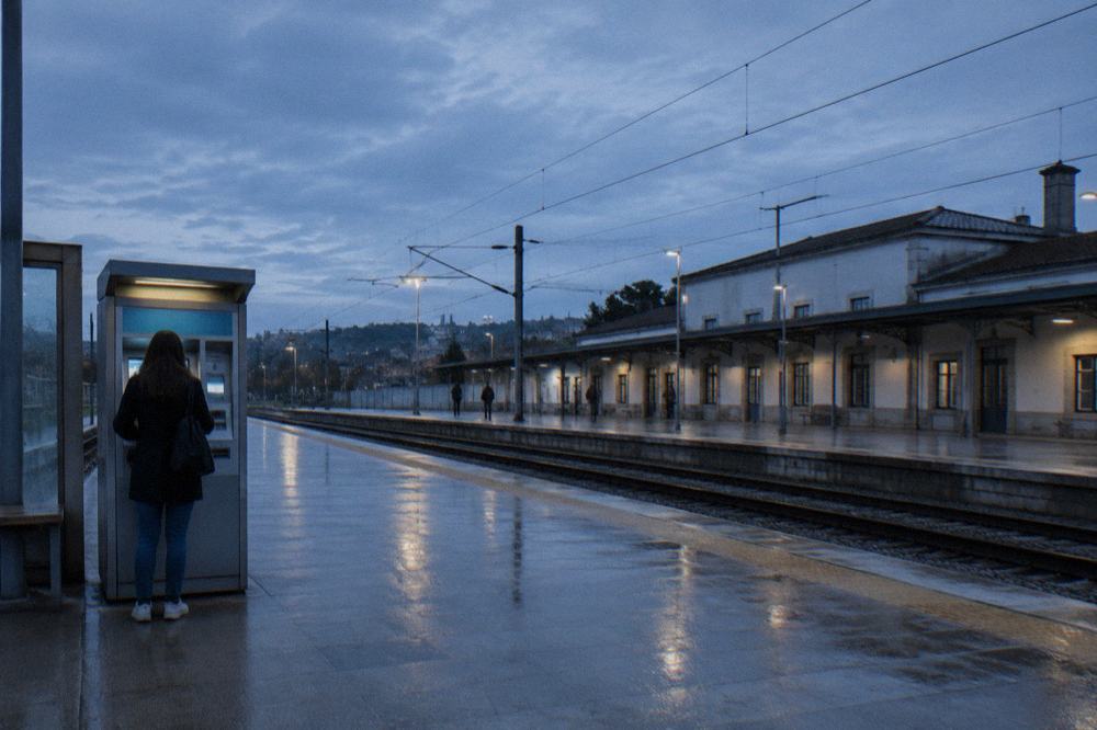 A ticket machine at a Portuguese train station with a passenger selecting options