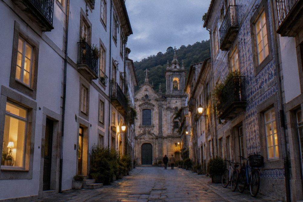 A guesthouse street in Braga at dusk with lit windows and parked bicycles