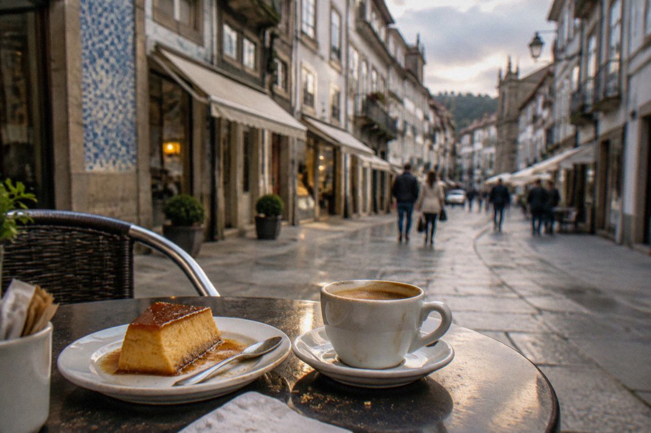 A slice of caramel-topped egg pudding on a small white plate beside a coffee cup on a cafe table