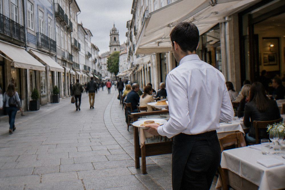 A waiter carrying two plates of caramel pudding through a busy Portuguese restaurant dining room