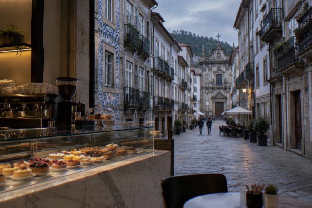 A marble cafe counter in Braga with a glass display case of desserts and a coffee machine behind it