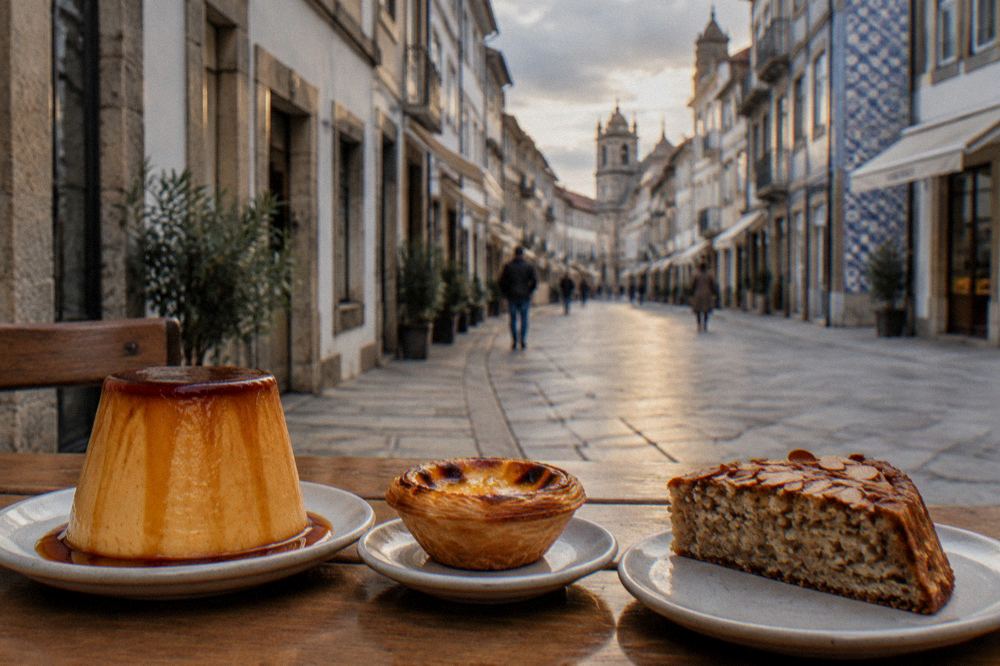 Three Portuguese desserts side by side on a wooden table: a tall caramel pudding, a small custard tart and a slice of almond cake