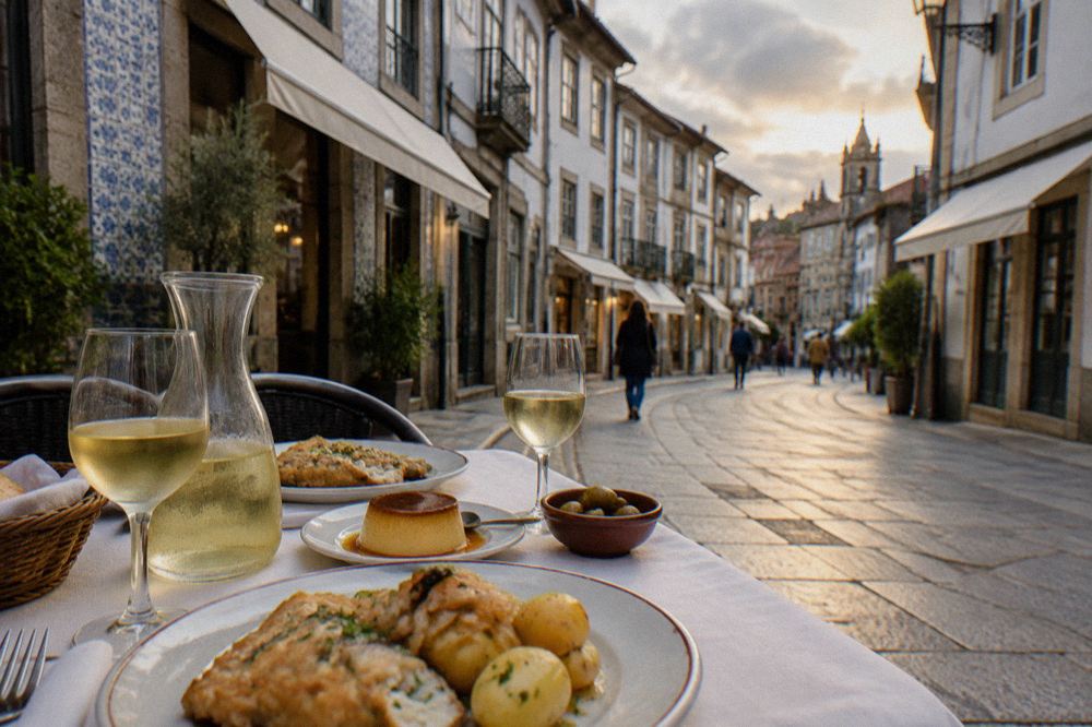 A table set for a Portuguese lunch with plates of fried cod, a carafe of white wine and a small pudding in the middle