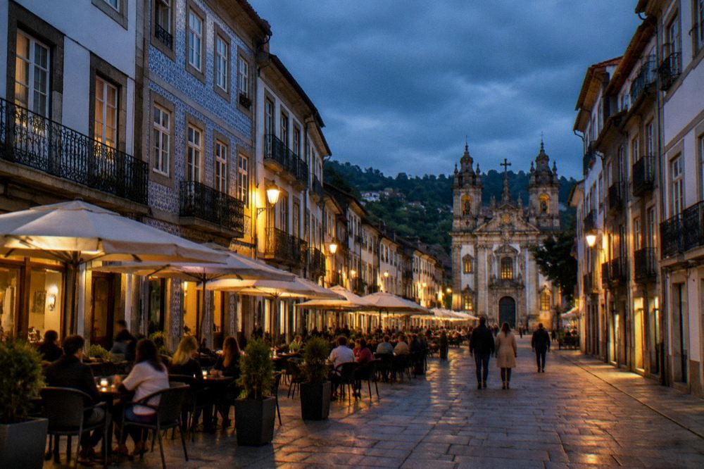 An evening street in Braga's historic centre with cafe terraces lit up and people sitting at outdoor tables