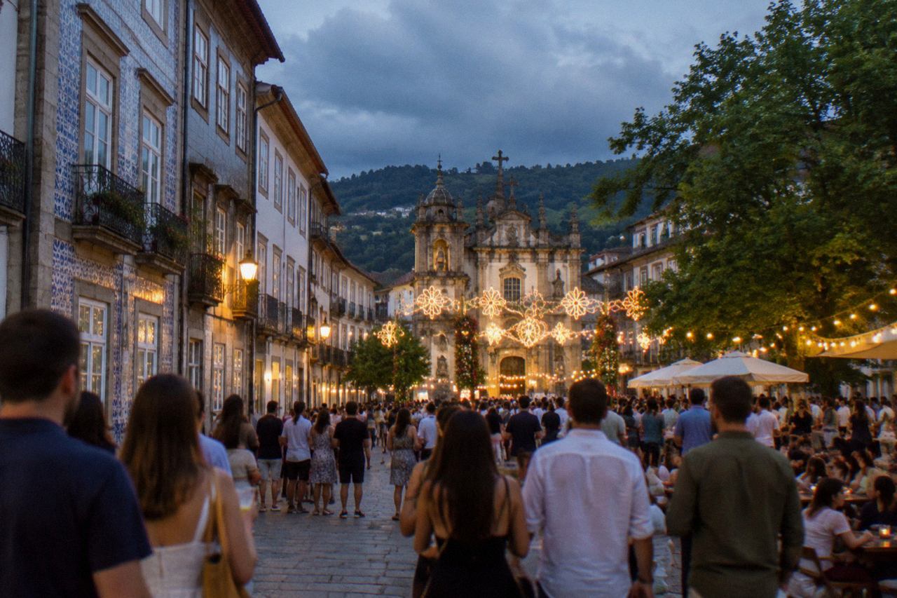 Crowds gathered in a decorated square of a Portuguese city at night during a summer festival