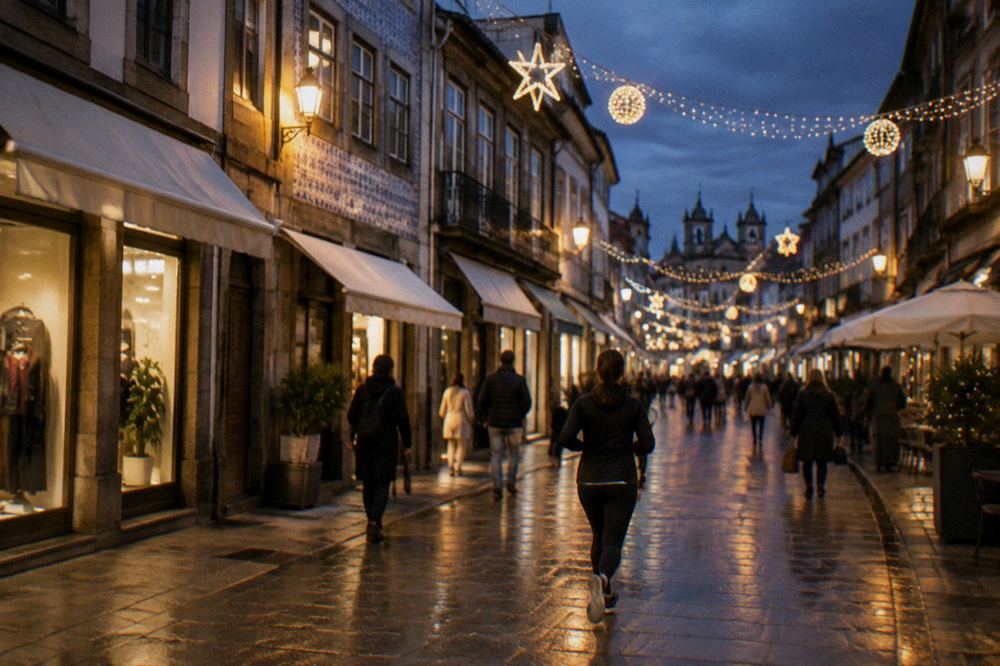 A busy pedestrian shopping street in a Portuguese city lit by festive lights at dusk