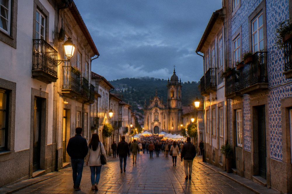 People walking along a lamplit granite street toward a festival crowd in the distance