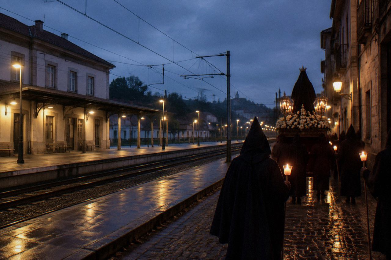 A candlelit religious procession moving through a narrow historic street at night, with hooded figures carrying a decorated platform