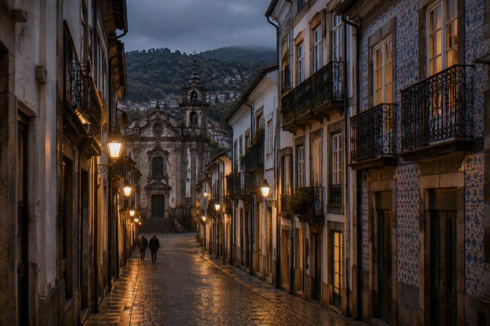 Hooded penitents in dark robes walking in two files down a cobbled street lit by lanterns
