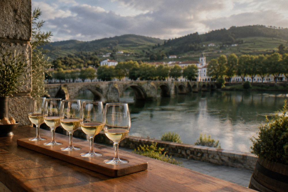 A tasting flight of white wines in small glasses arranged on a winery tasting counter
