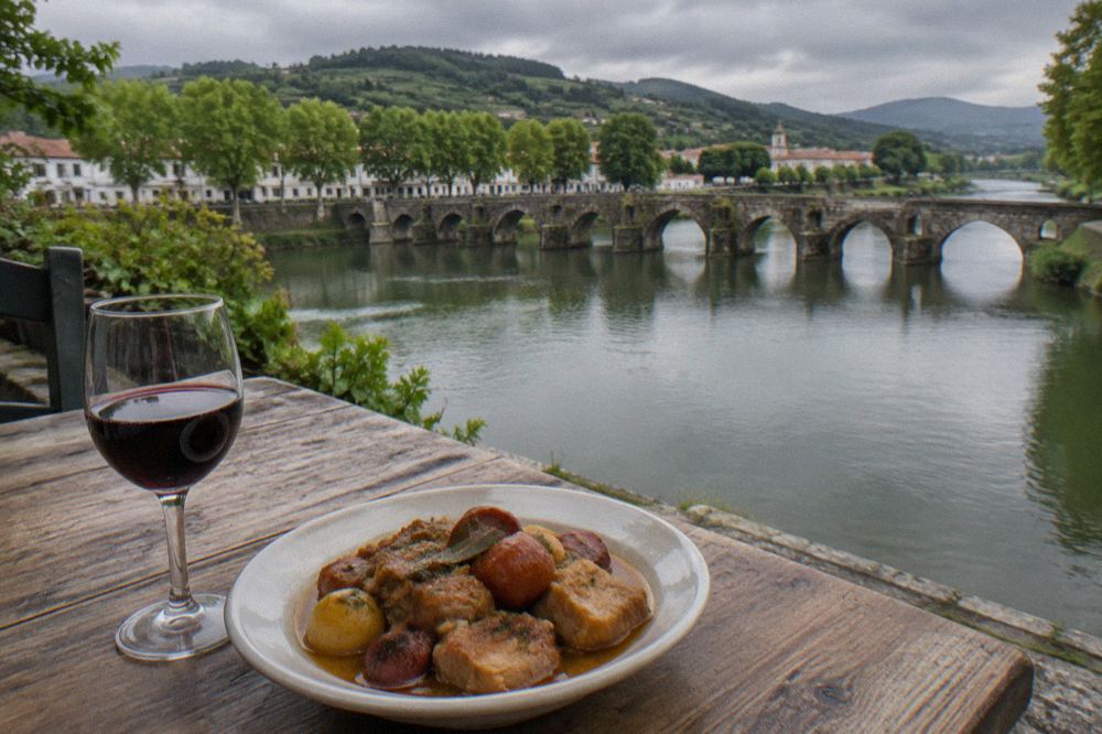 A plate of traditional Minho pork stew beside a glass of red wine on a rustic table