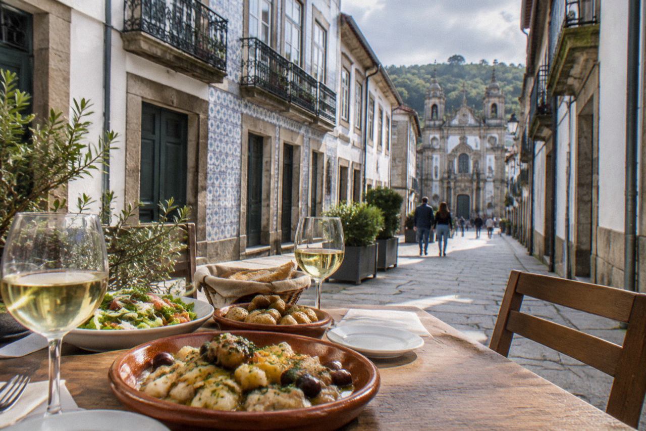 A table in a Braga restaurant set with plates of Portuguese food and glasses of white wine