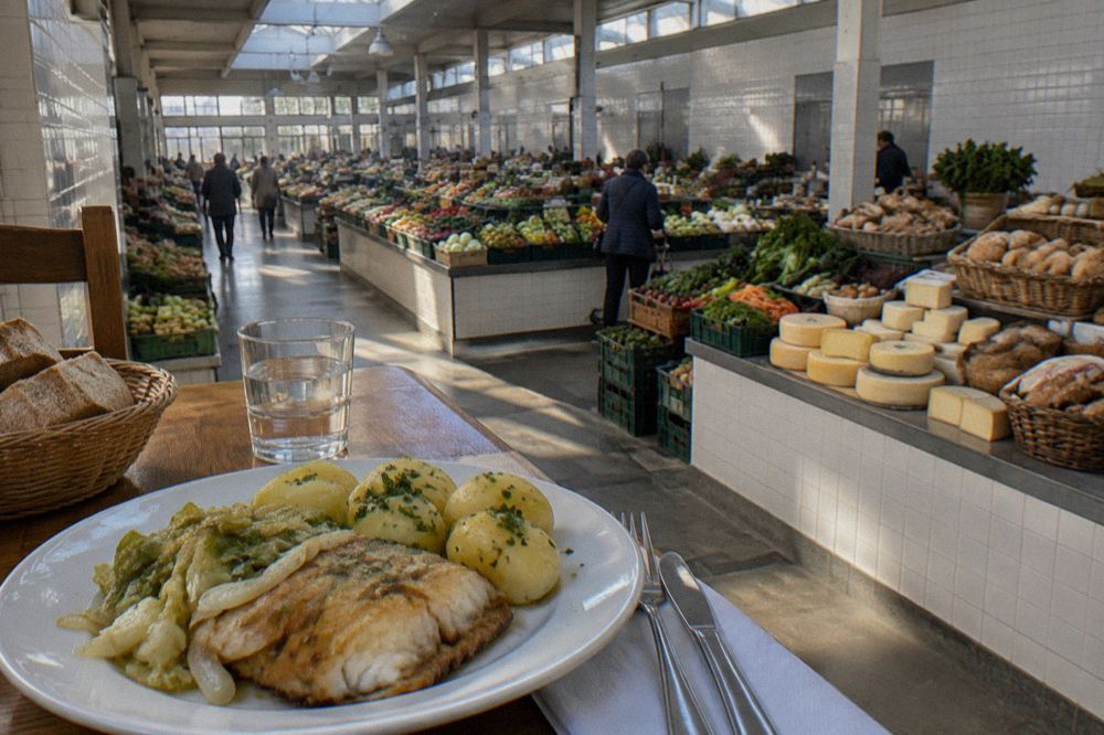 A plate of fried salt cod with cabbage and potatoes at a restaurant table