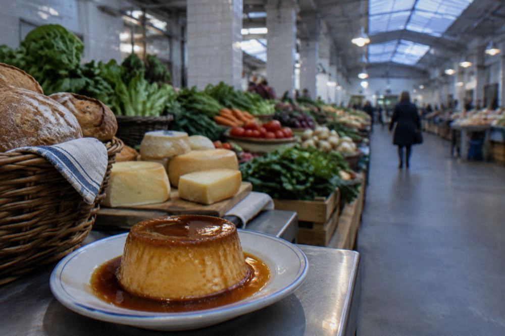 A caramel pudding dessert with a glossy sauce on a small plate