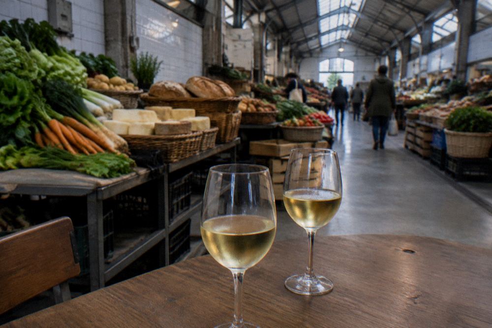 Two glasses of pale white wine on a wooden table