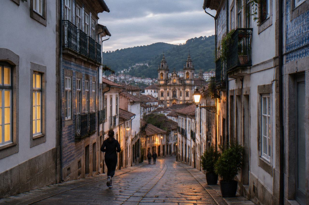 Evening view over tiled rooftops and church towers in the historic centre of Braga