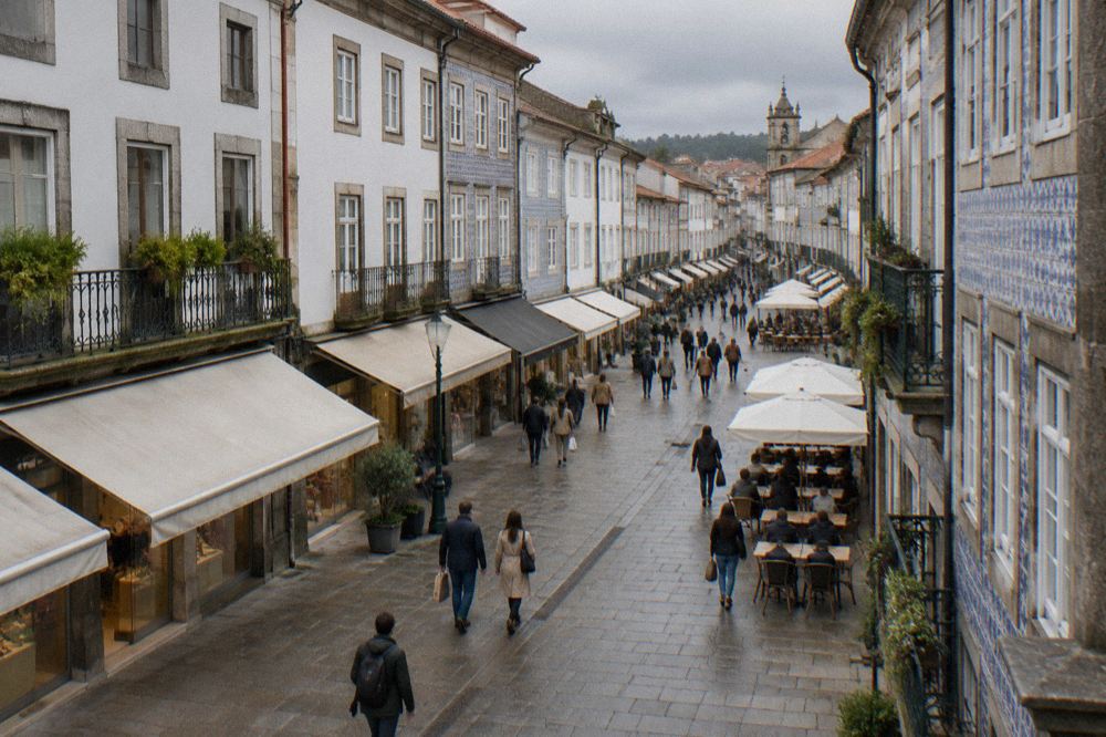 Pedestrian street with café tables and shoppers on Rua do Souto in Braga