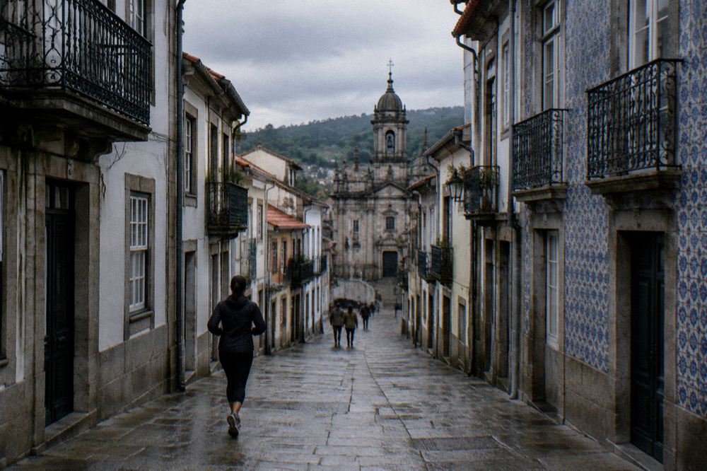 Guest room with tall windows overlooking rooftops and a church dome in Braga