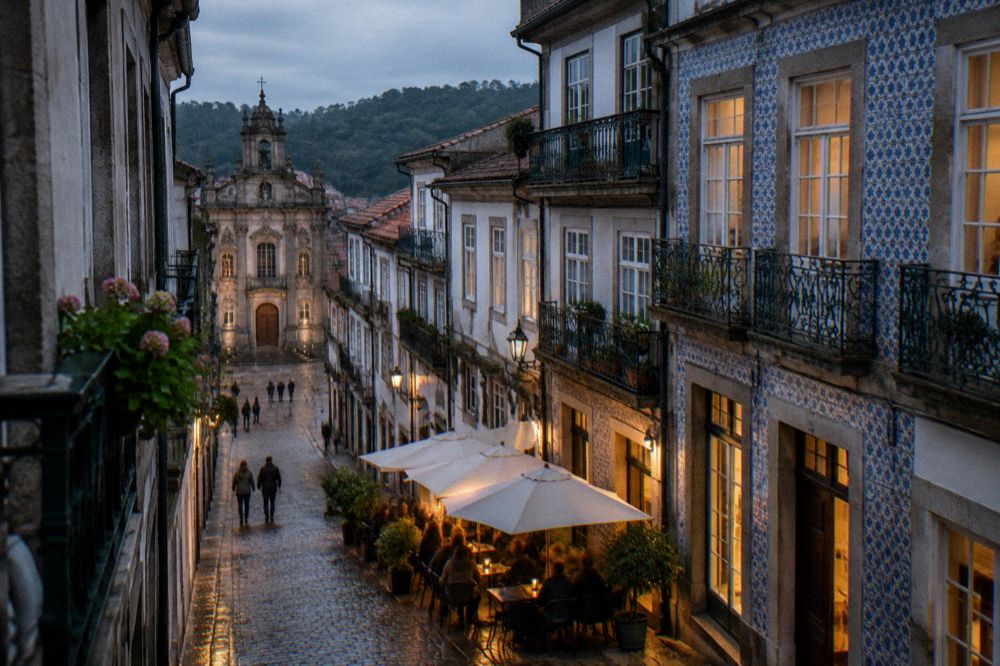 A cobbled street in Braga's historic centre at dusk with lit windows above a café terrace