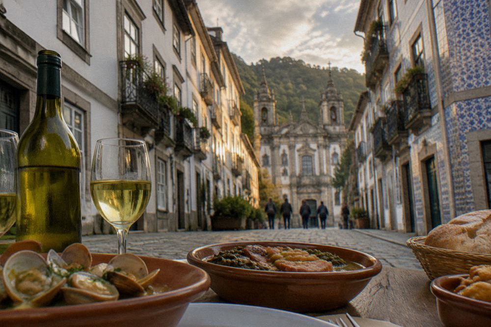 A table set with Minho regional dishes and a bottle of vinho verde in a Braga restaurant