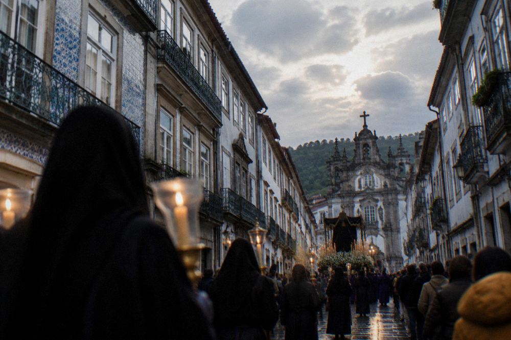 A candlelit religious procession moving through a crowded street in Braga during Holy Week