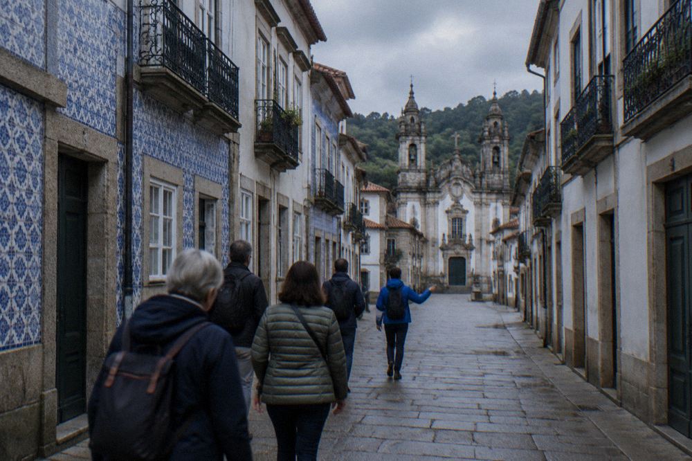 A small group of visitors following a guide along a cobbled street in Braga's historic centre
